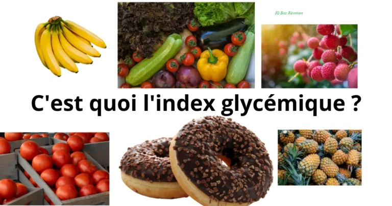 Mosaïques d'images alimentaires illustrant différents aliments autour de la question centrale "C'est quoi l'index glycémique ?"