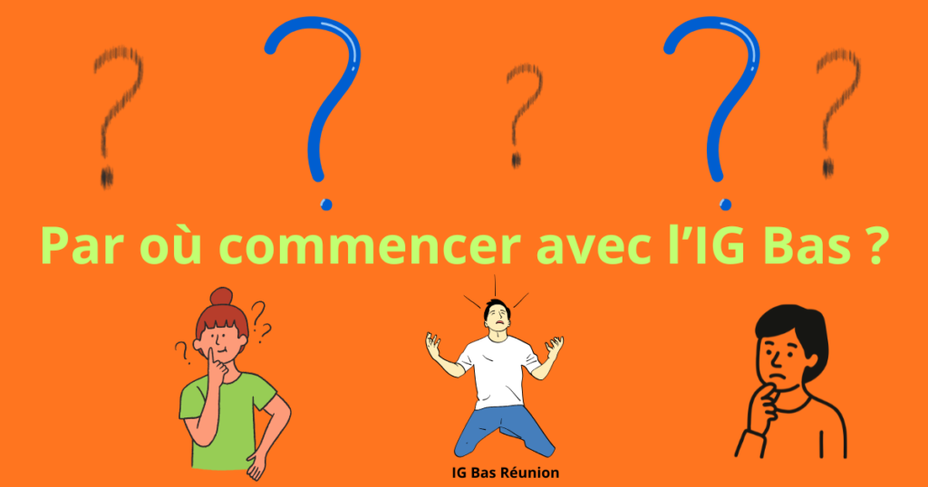 Illustration sur fond orange affichant la question "Par où commencer l'IG Bas ?" sous plusieurs points d'interrogation avec trois personnages illustrés exprimant la confusion et la signature "IG Bas Réunion"